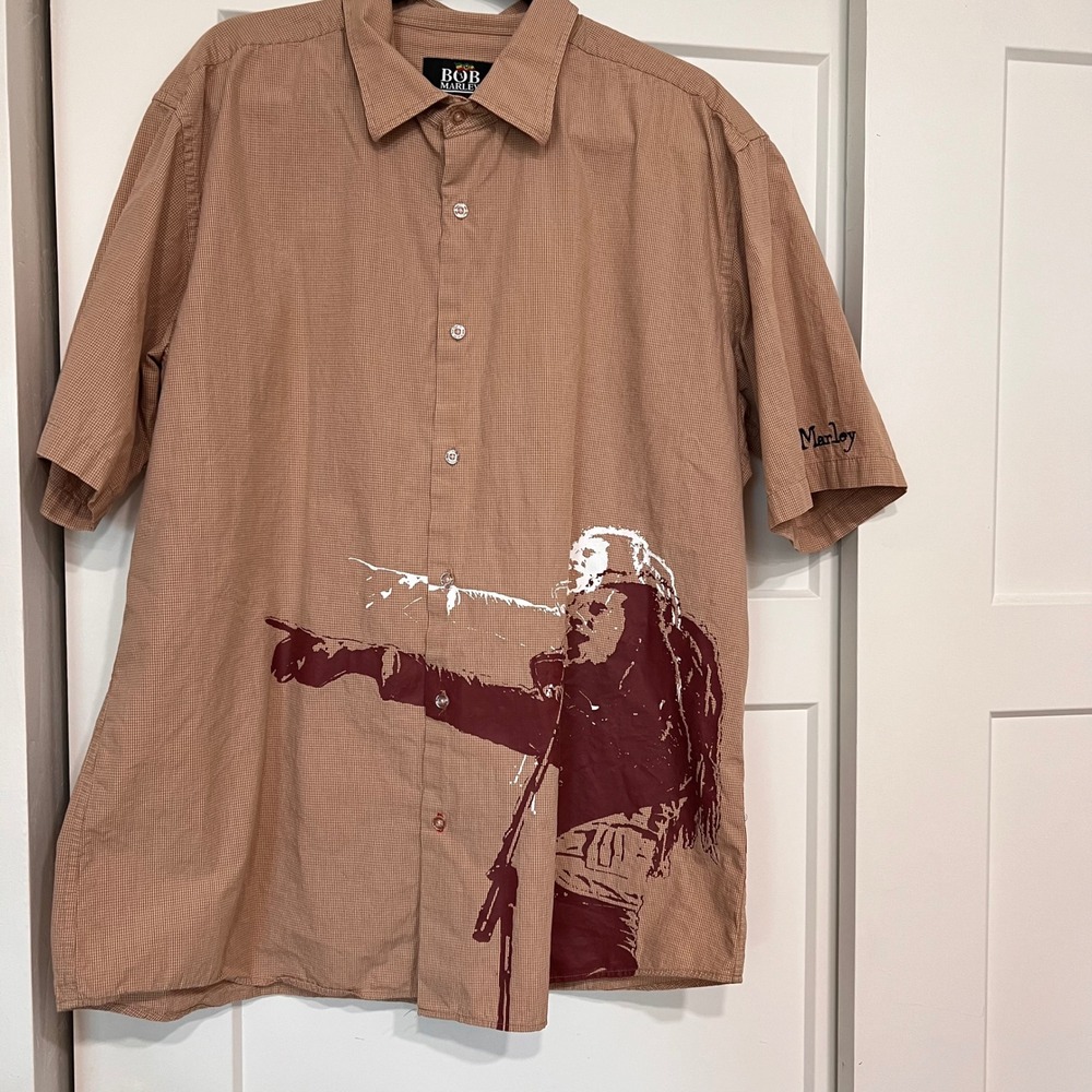 Bob Marley Dragonfly Clothing Co Tan Micro Check Graphic Shirt Mens 3XL 2004